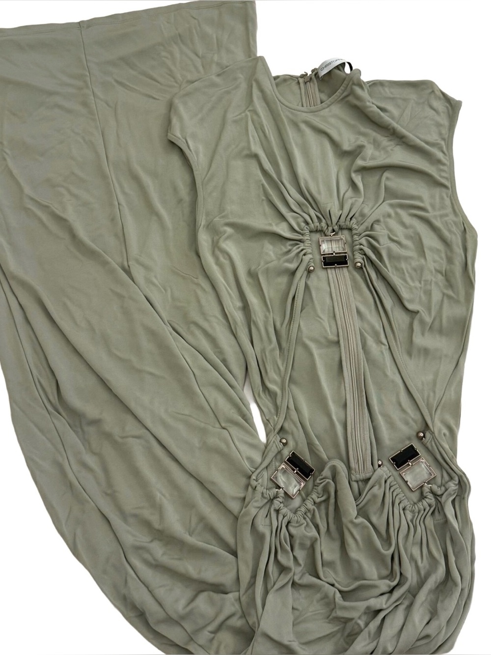 New Christopher Esber Duo Bezel Quartz Jersey Maxi Dress In Sage Green - Picture 13 of 16